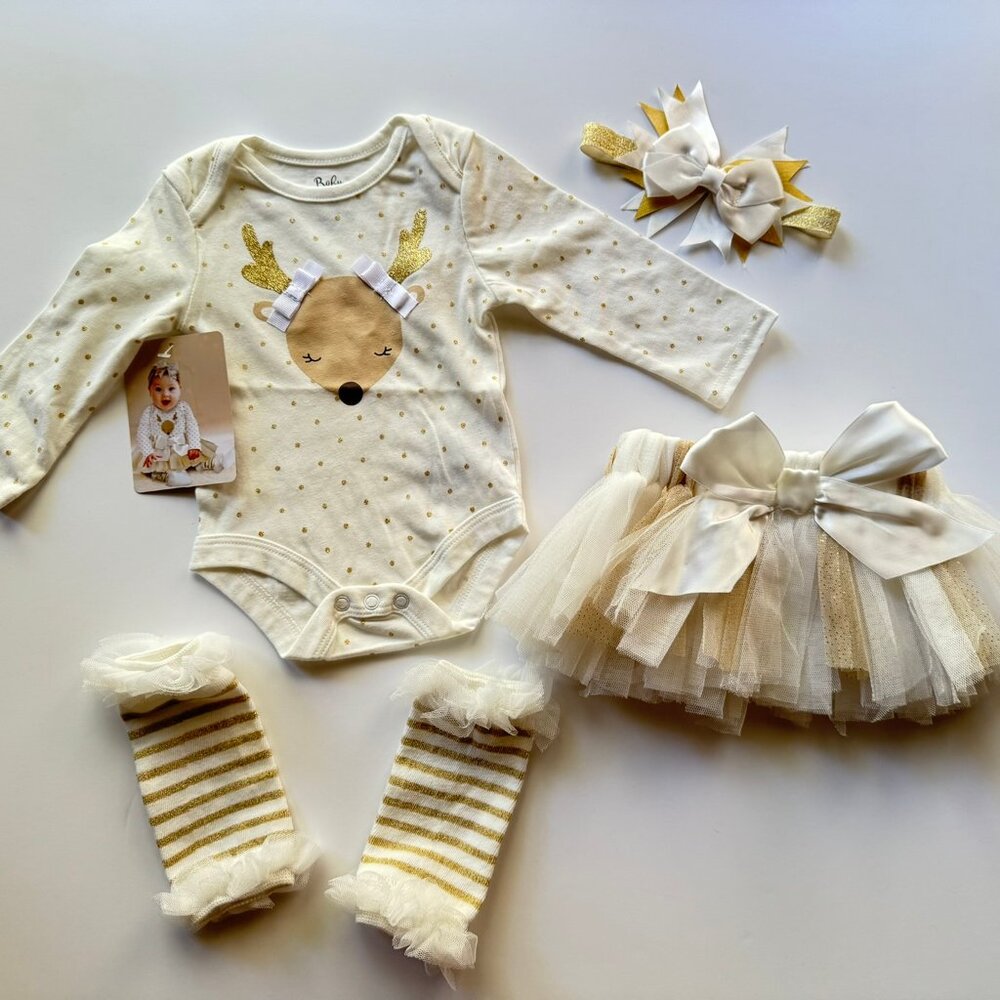 NWT Baby Essentials white & gold reindeer 4 piece outfit set sz 3m